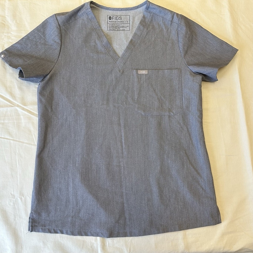 FIGS Catarina Scrub Top Women's S Heather Indigo V-Neck One Pocket Medical
